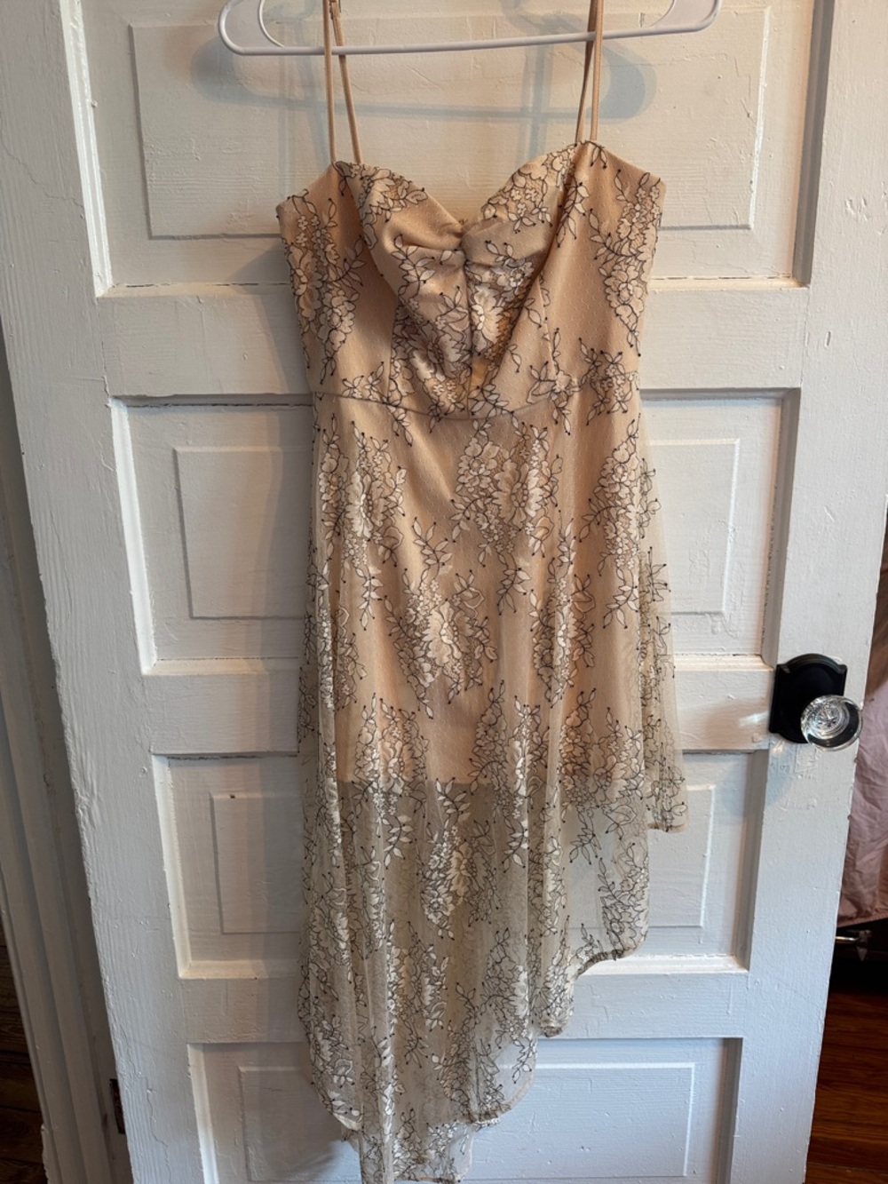 NBD Beige Floral Lace High-Low Slip Dress